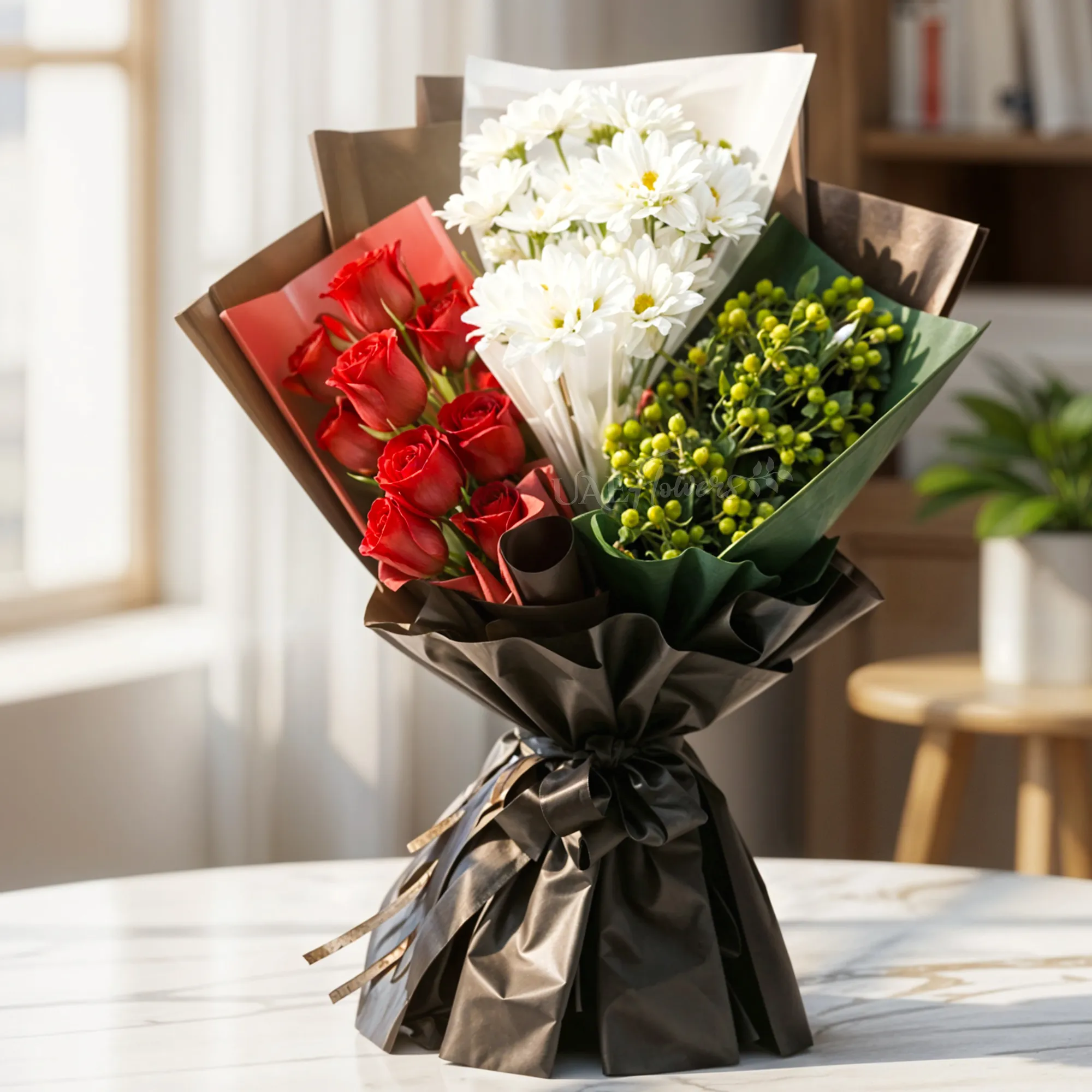12 red roses, 6 white chrysanthemums, 6 green berries, and fillers in black wrapping paper tied with black ribbon