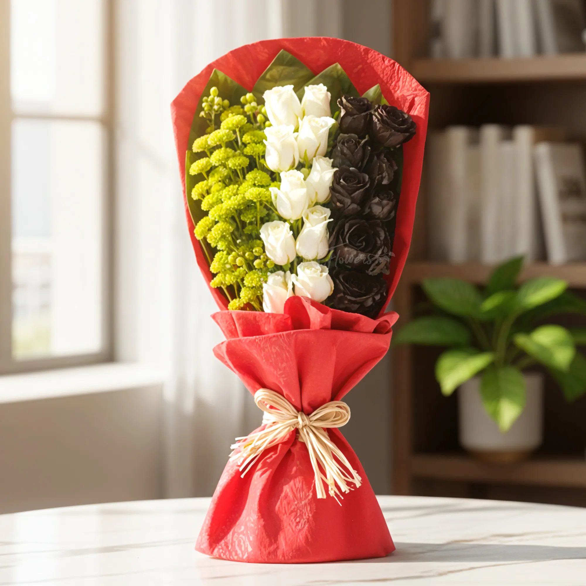 A 10 white roses, 10 black sprayed roses, and 5 green chrysanthemums in red wrapping paper tied with brown ribbon