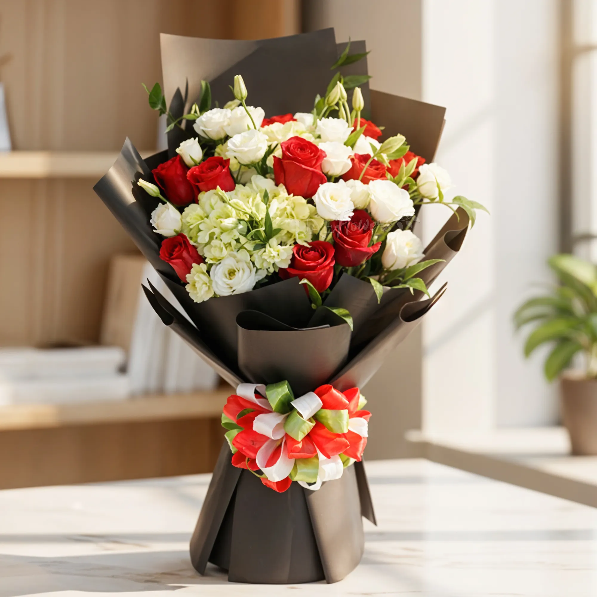 A 10 red roses, 2 white hydrangeas, 10 white roses and green fillers in black wrapping paper tied with ribbon