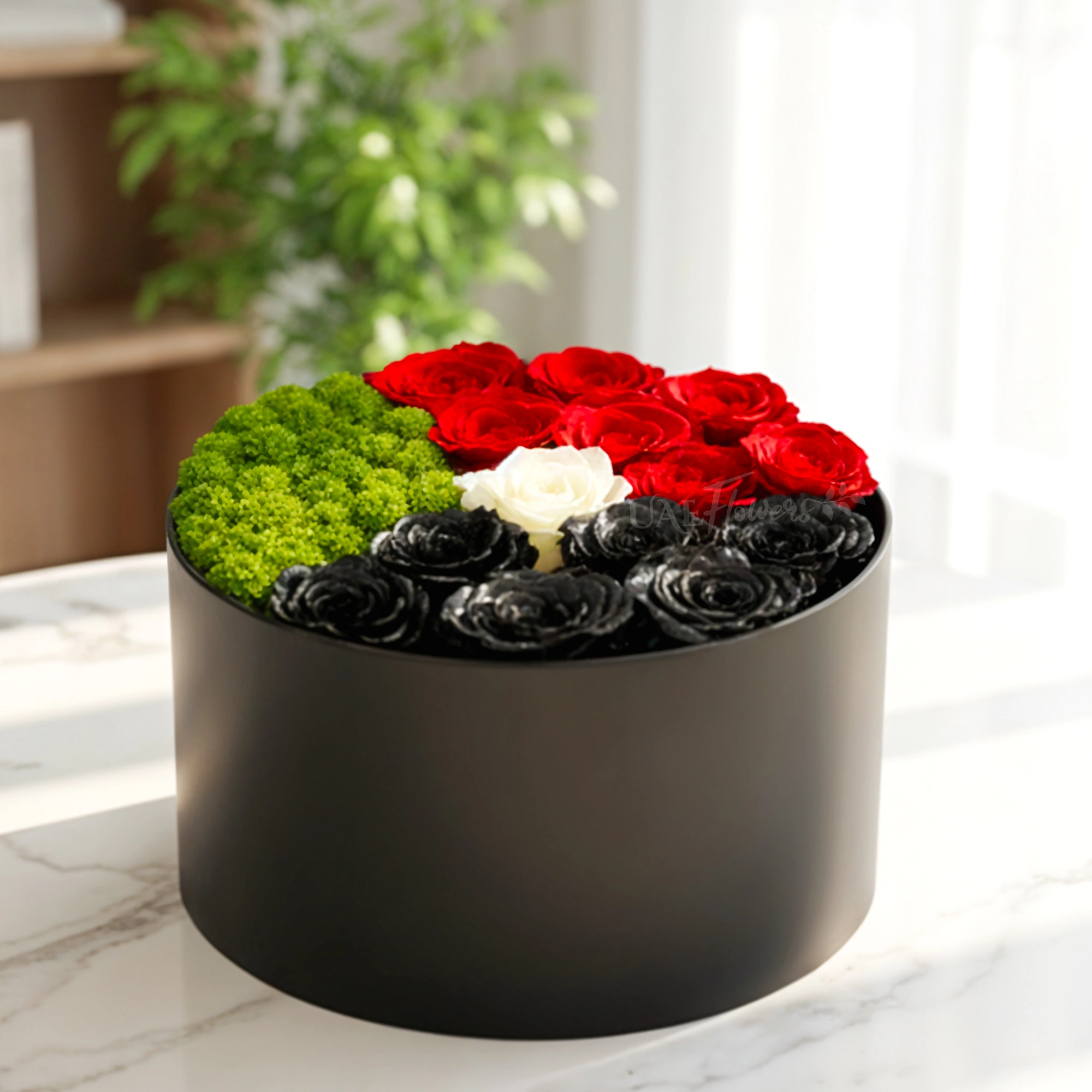 A 8 red roses, 6 black sprayed roses, 1 white roses, and 5 green button chrysanthemums in a black round box