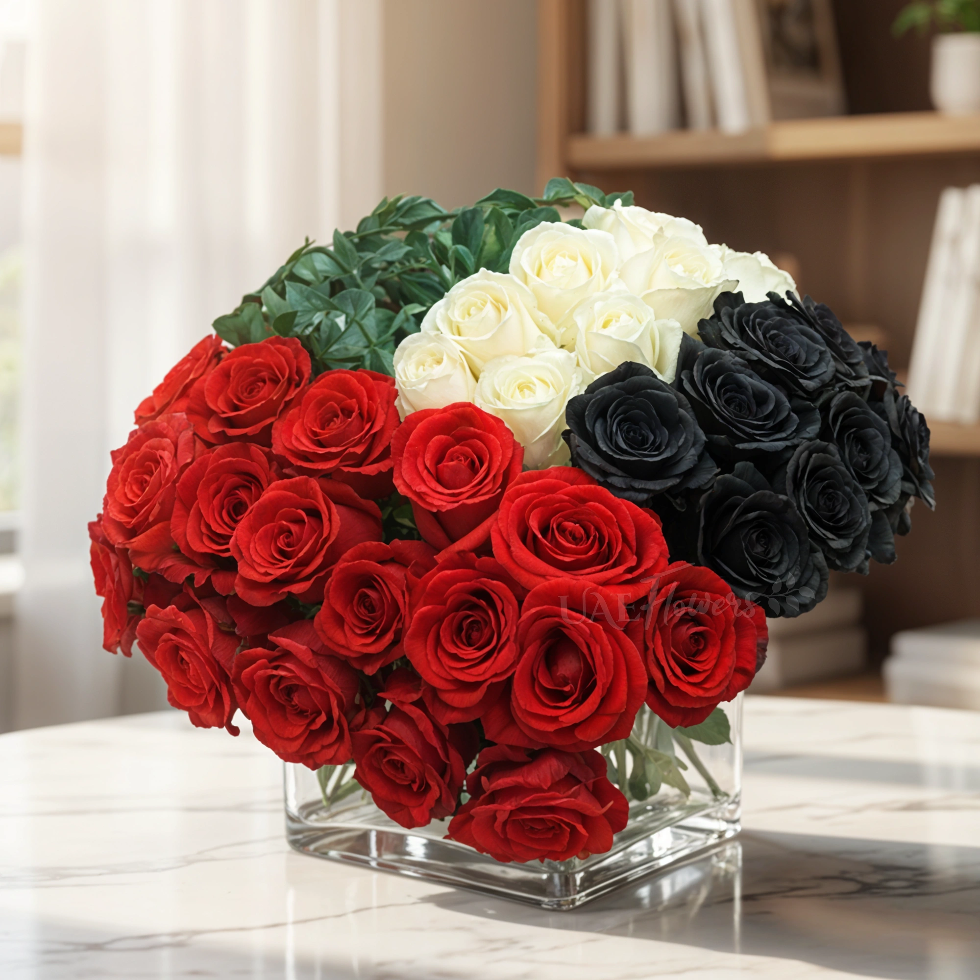 17 red roses, 8 green sprayed roses, 8 white roses, and 8 black sprayed roses in a cube glass vase