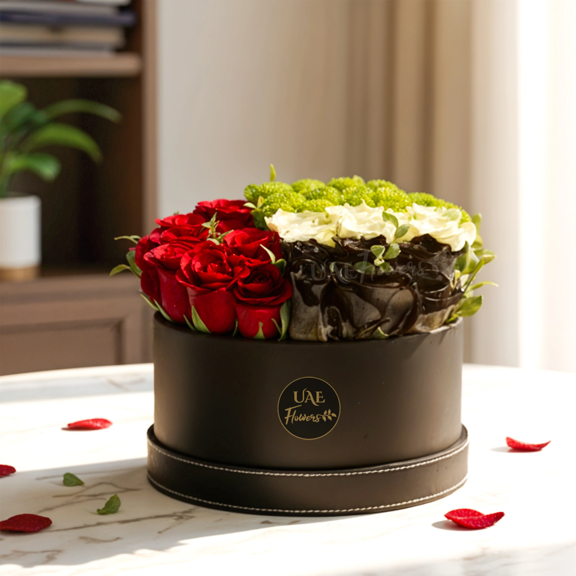 10 red roses, 7 white roses, 7 black sprayed roses, and 5 green button chrysanthemums in a black round box