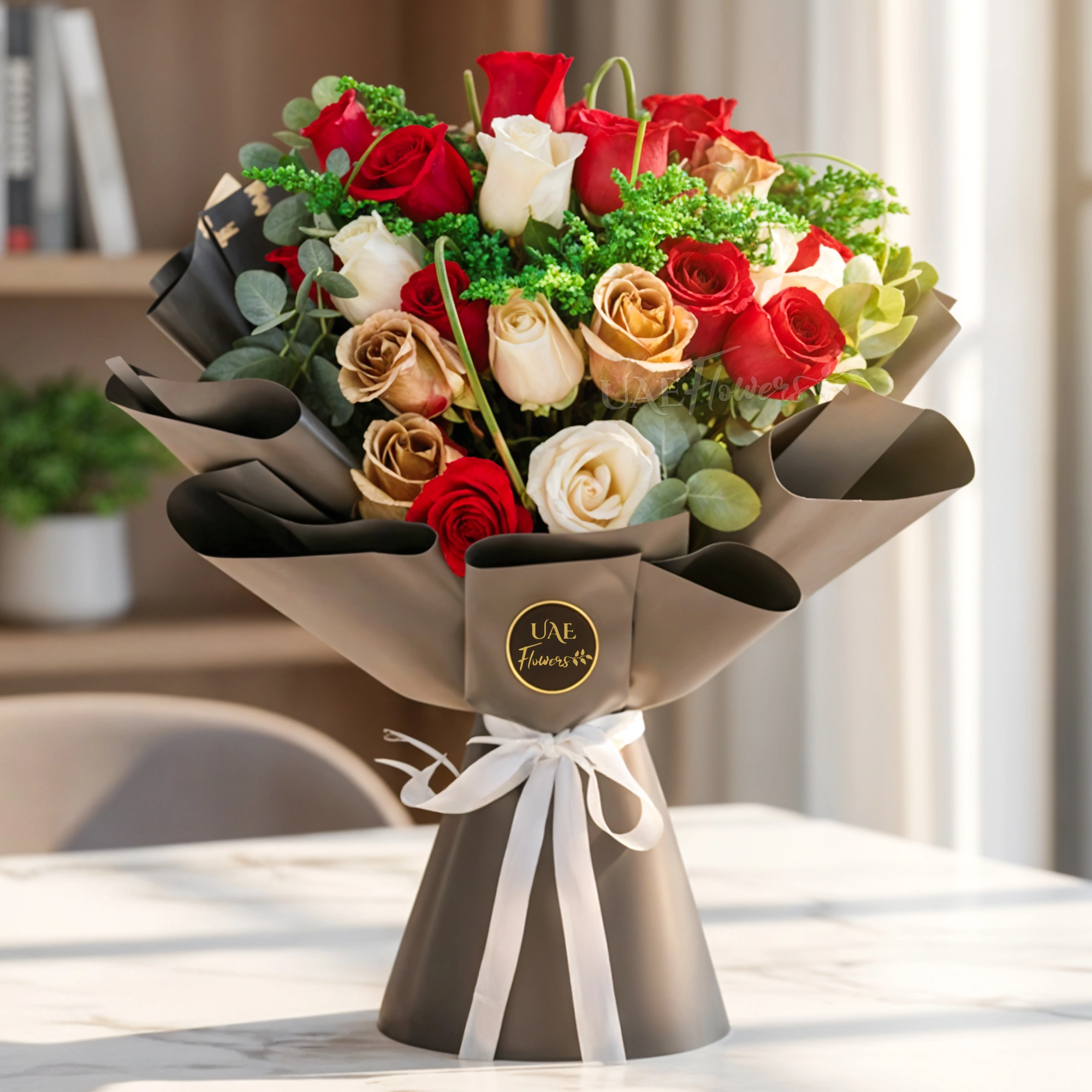 A bouquet of 15 red roses, 7 white roses, 4  gold sprayed roses with eucalyptus leaf and green fillers in black wrapping paper tied with white ribbon