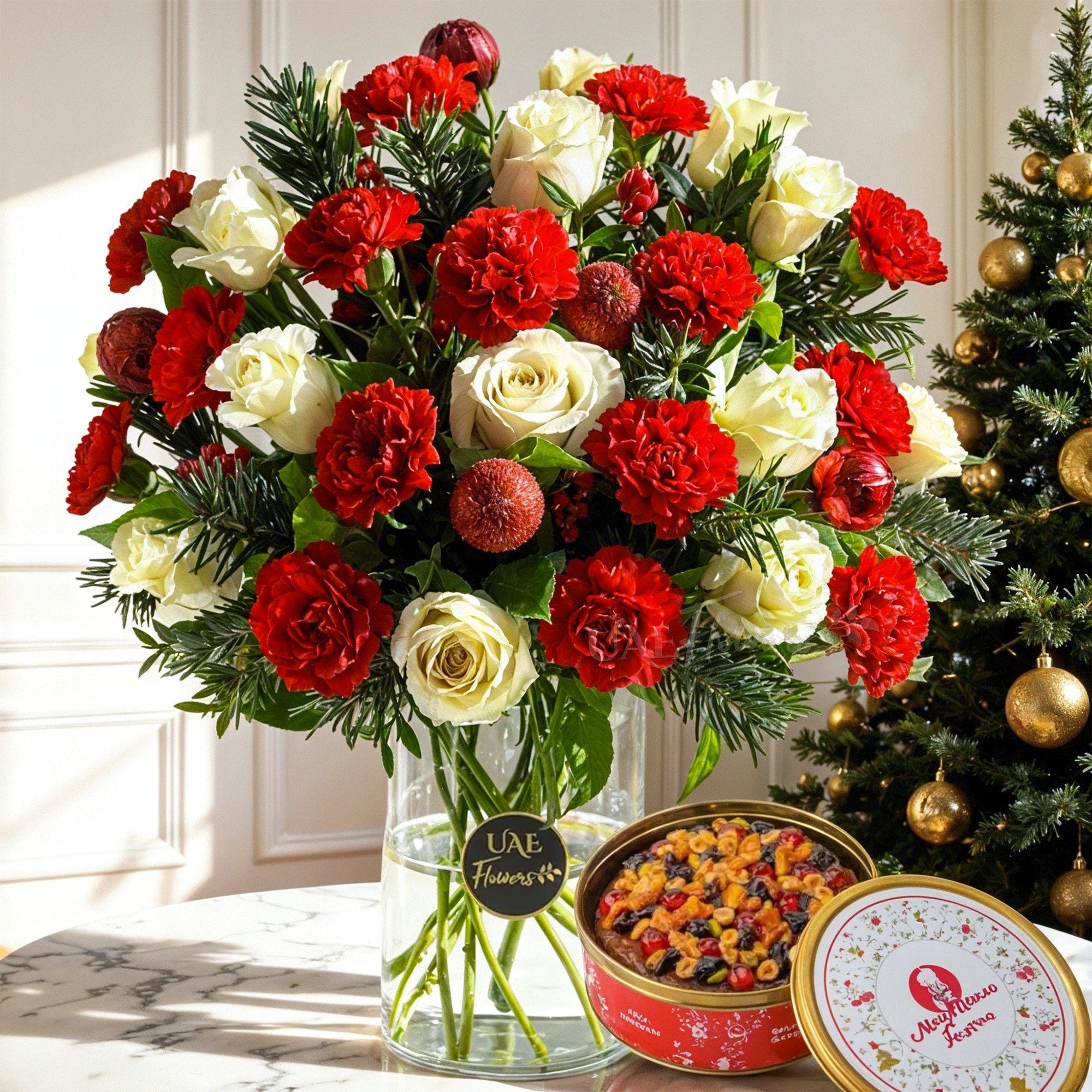15 white roses and 15 red carnations, artfully arranged in a vase with red ornamental balls and Christmas greenery, in a clear glass vase, accompanied by a premium plum cake