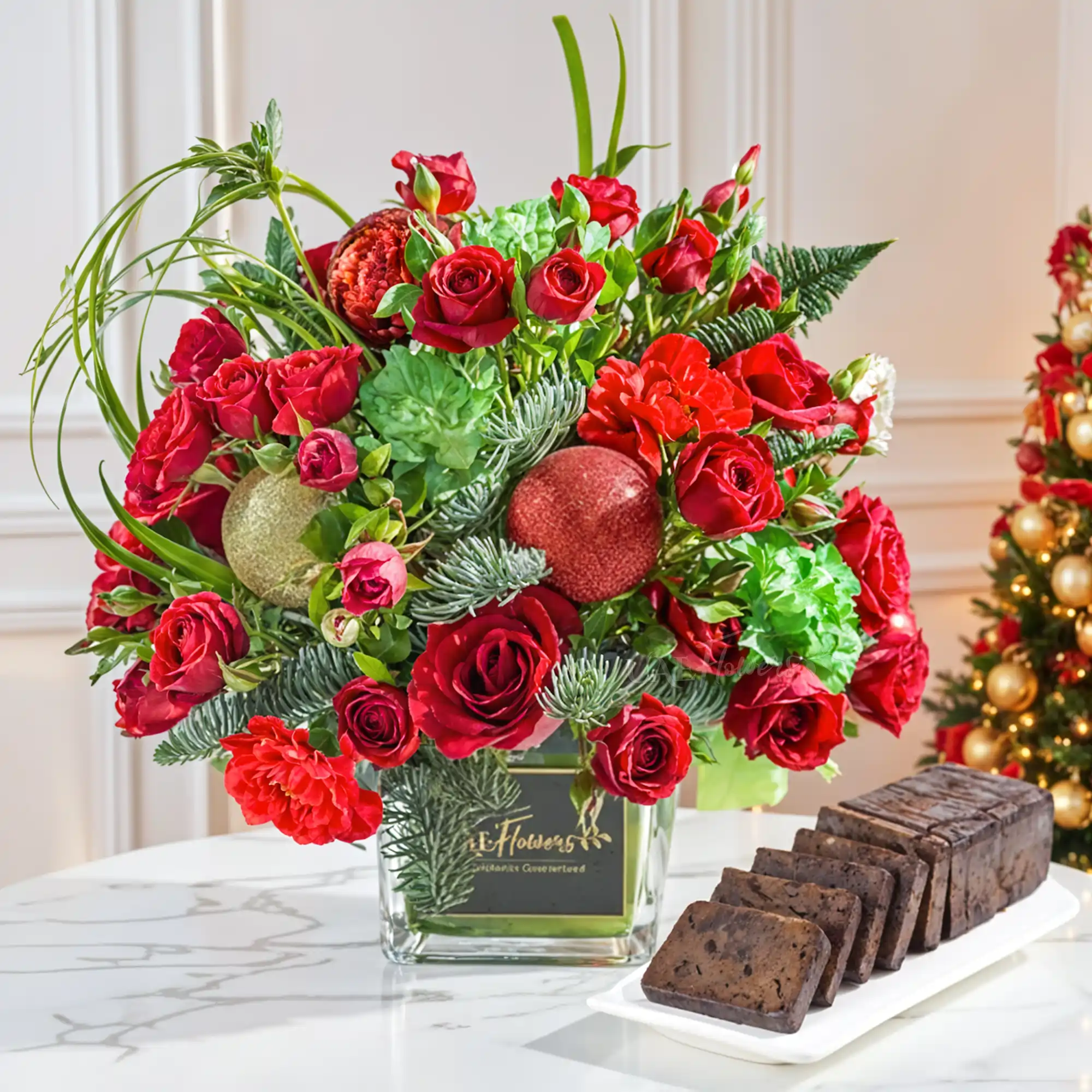 10 red and green carnations, 5 red roses, 5 spray red roses, with green fillers and christmas balls in a square glass vase & 500 GMS plum cake