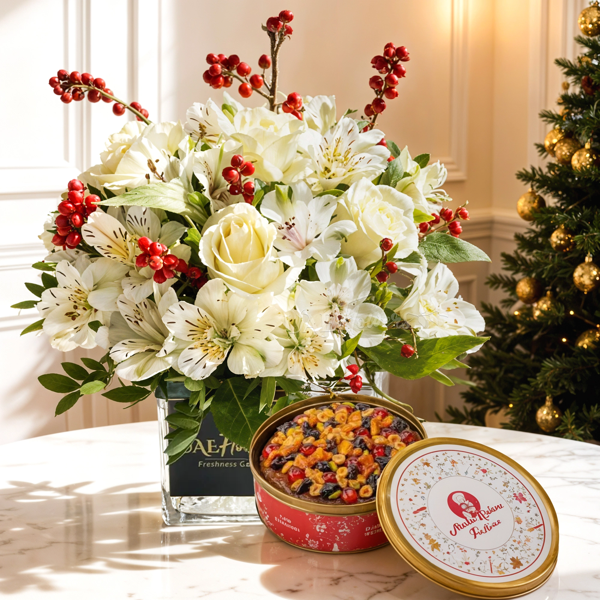 4 white roses, 6 white alstroemeria & 3 red berries in a square glass vase & premium plum cake