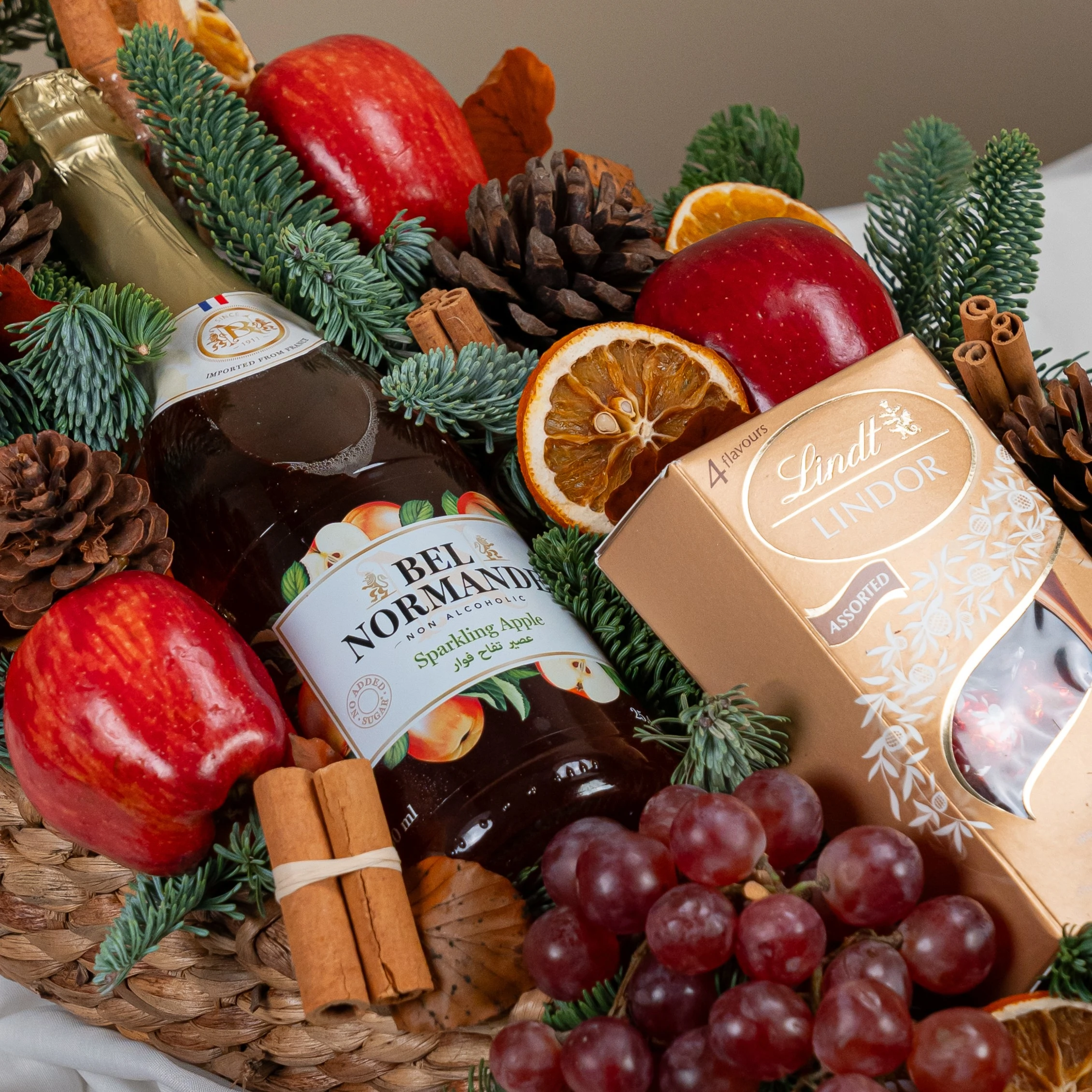 Festive Orchard Delight Crate with fruits, chocolate and Christmas decor