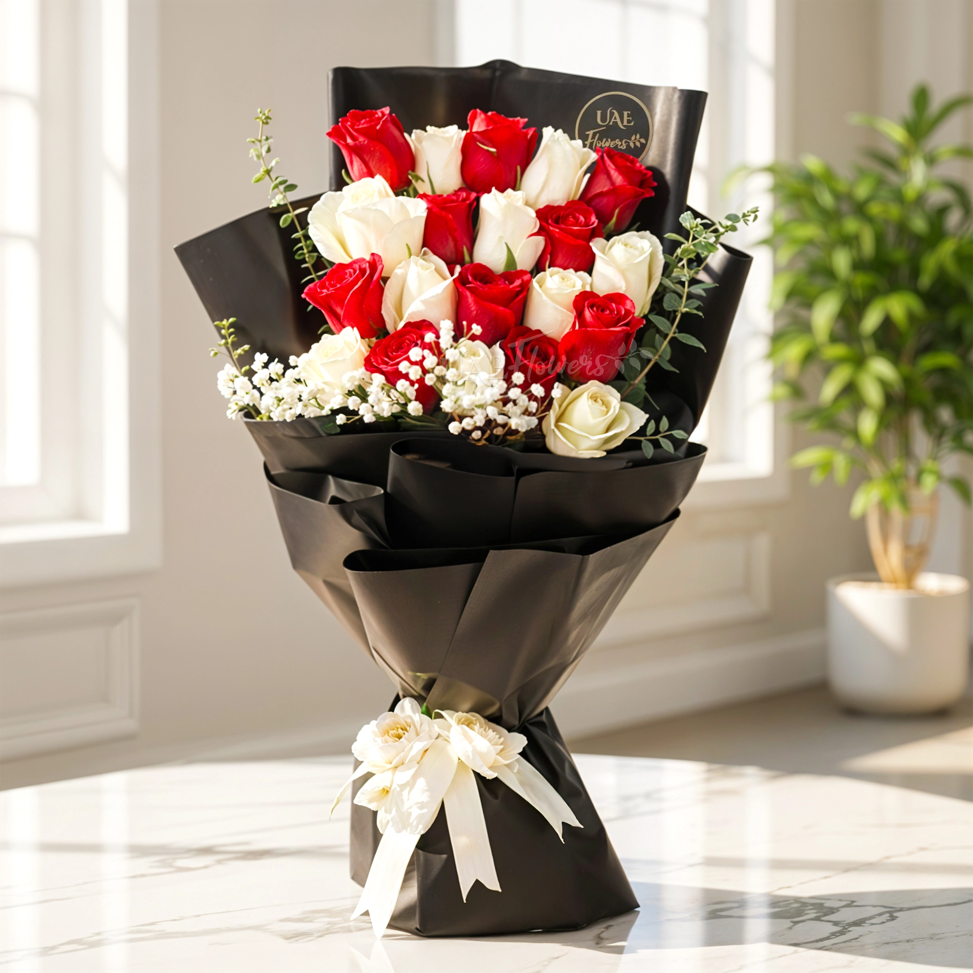 Bouquet of 10 red roses and 10 white roses with baby’s breath, wrapped in black paper and tied with a white satin ribbon.