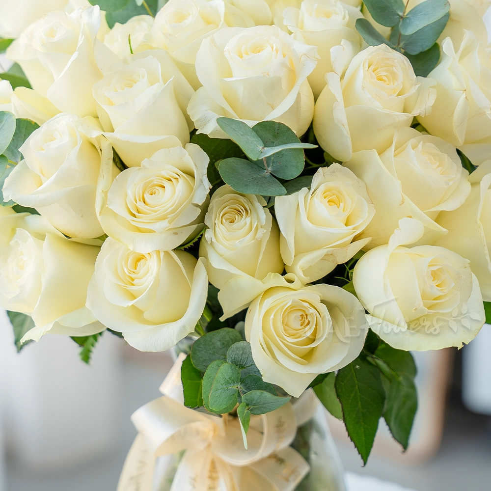 Elegant white roses in a glass vase with ribbon