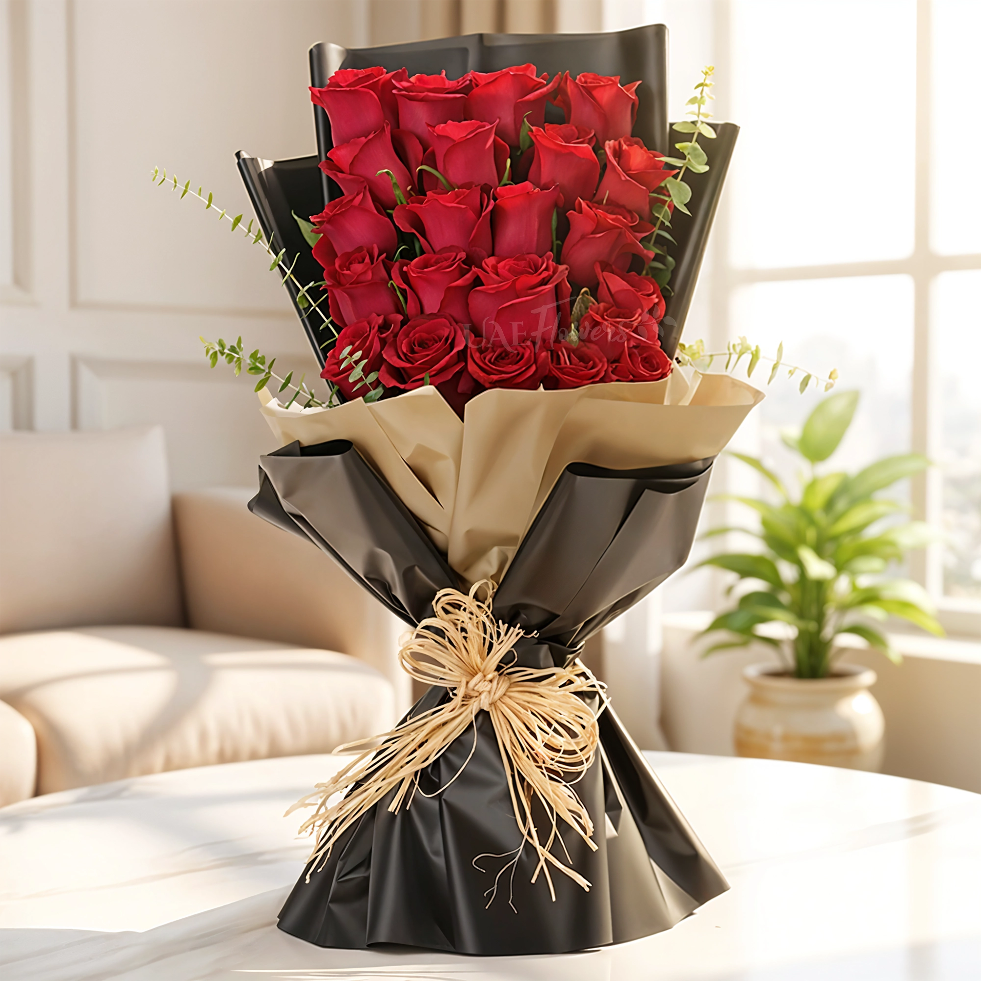 20 red roses with green fillers, wrapped in black and beige paper with raffia bow
