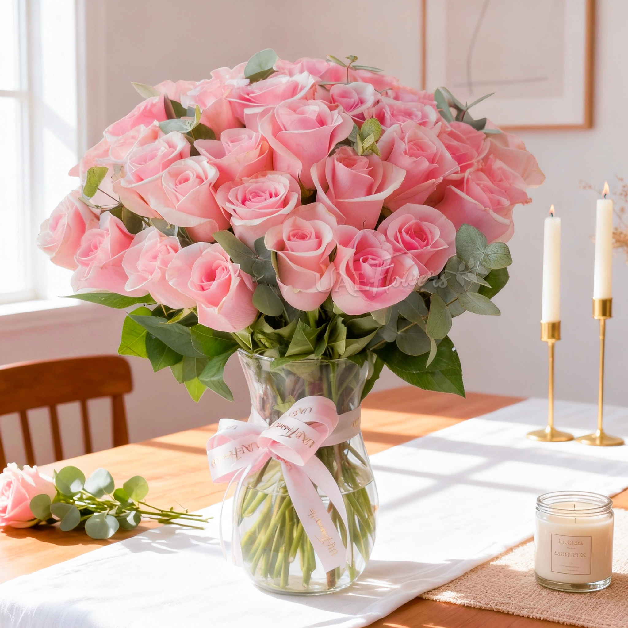 30 pink roses in glass vase arrangement