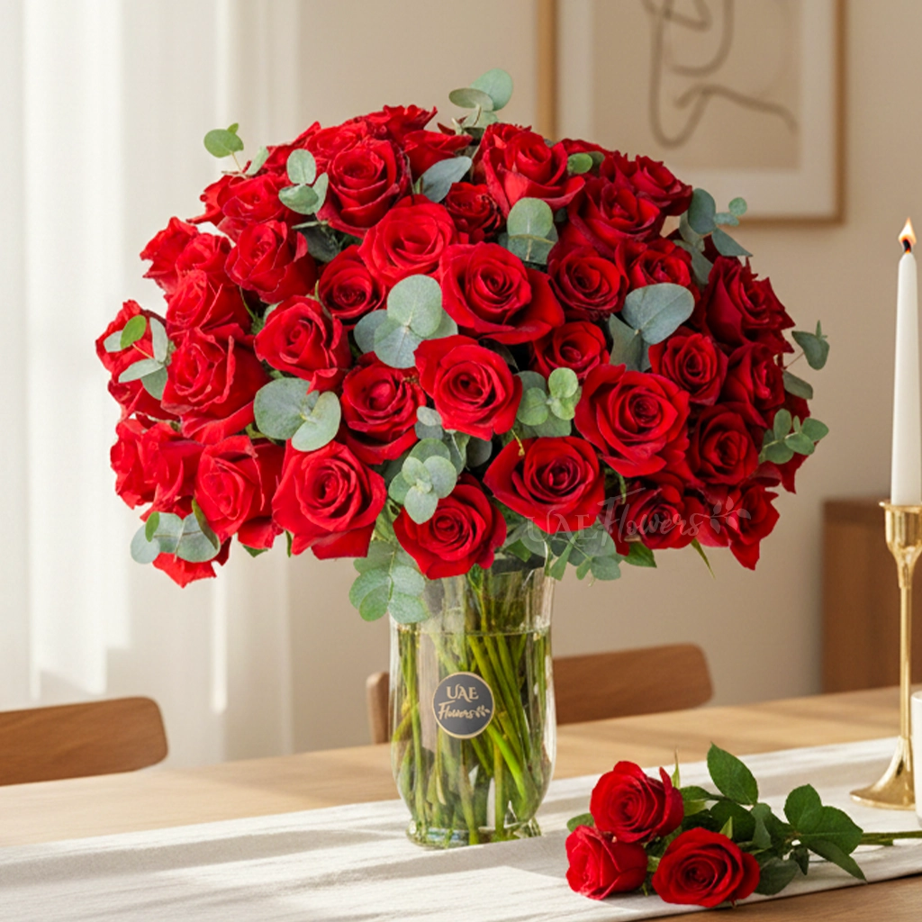 Vase of 50 red roses with eucalyptus leaves
