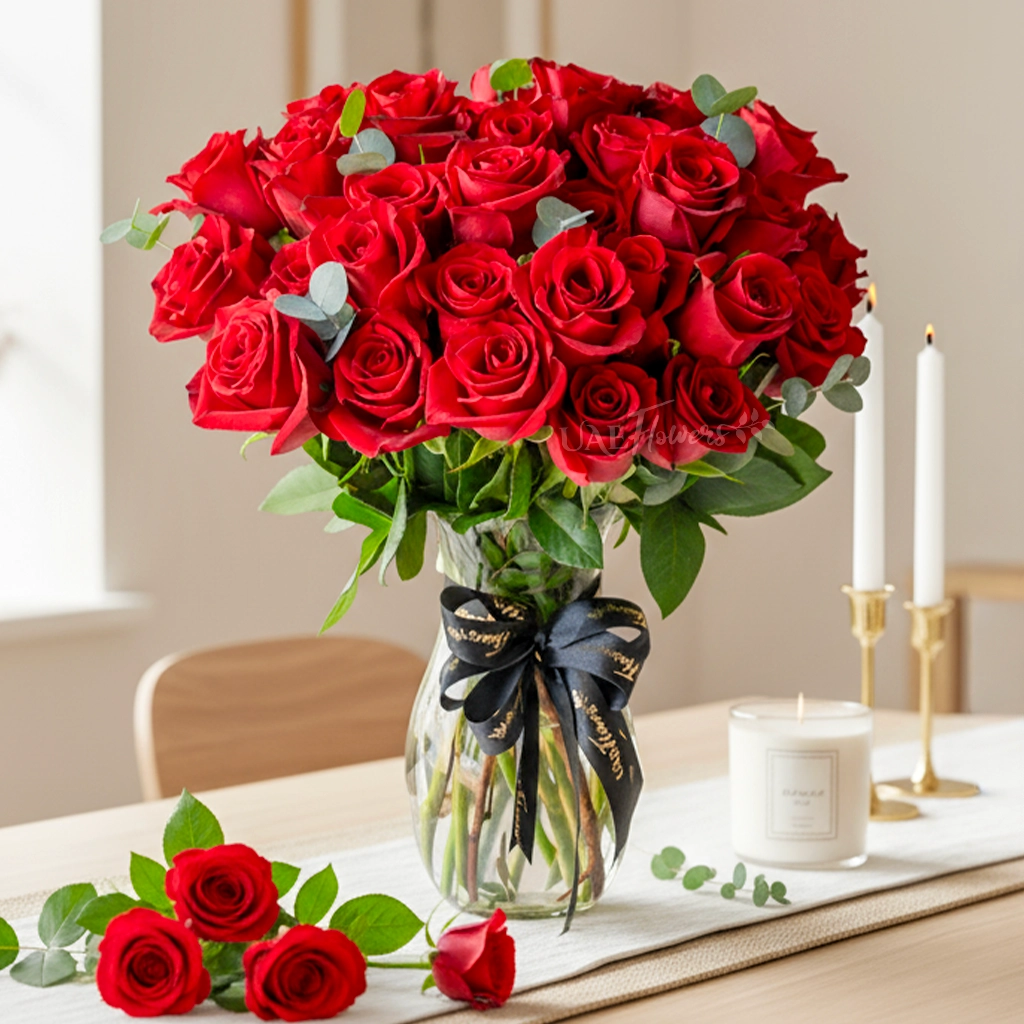 30 red roses arranged in a clear vase with eucalyptus leaves