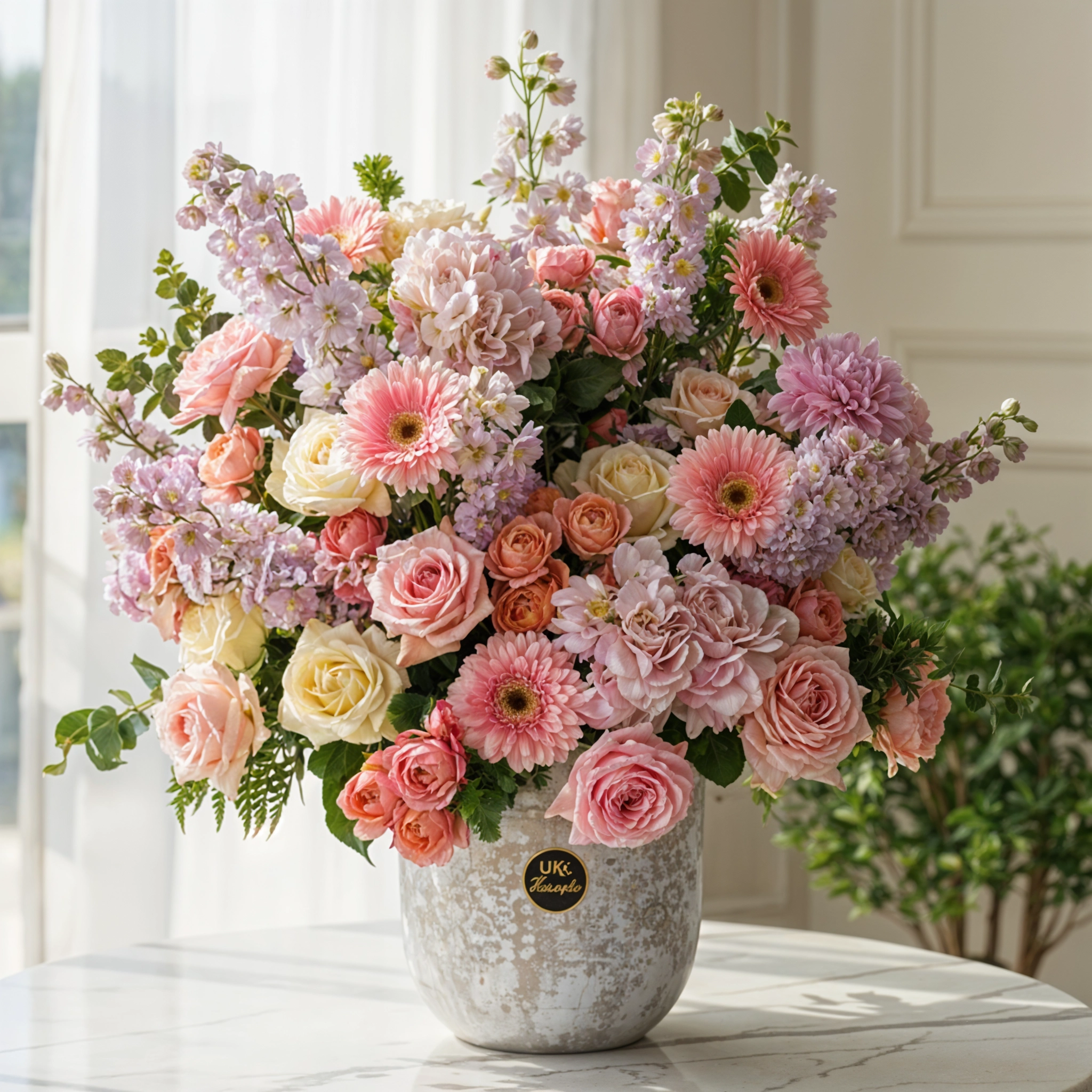 36 flowers, including pink delphiniums, hydrangeas, spray roses, garden roses, gerberas