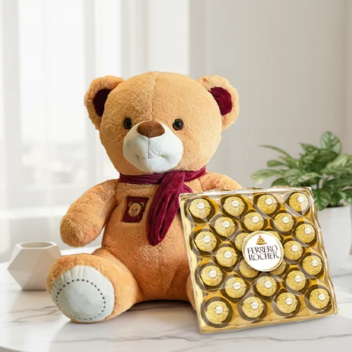 A 24-inch teddy bear and 24 pieces of ferrero rocher chocolate box