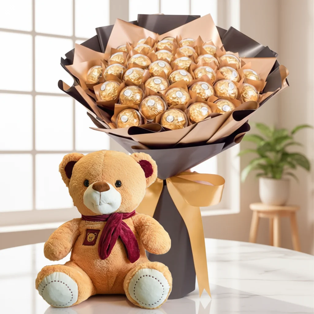 A 24-inch teddy bear and 32 pieces of Ferrero Rocher chocolates wrapped in brown paper and tied with a yellow ribbon, arranged in a bouquet