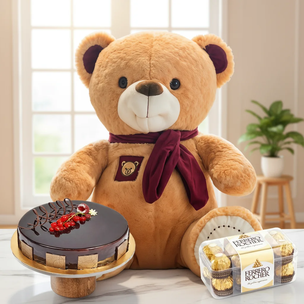 24-inch teddy bear, 16 Ferrero Rocher chocolates, and 1 kg chocolate cake.