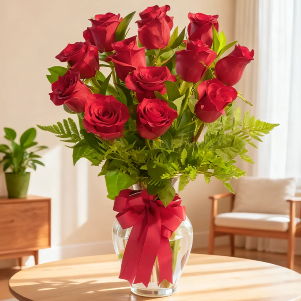 Clear glass vase with 12 red roses, eucalyptus, and green foliage, tied with a red satin ribbon.