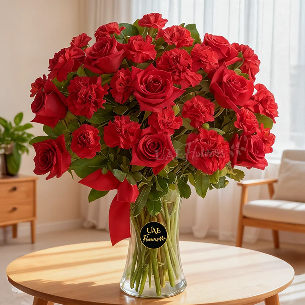 10 red roses & 10 red carnation with red ribbon in a glass vase