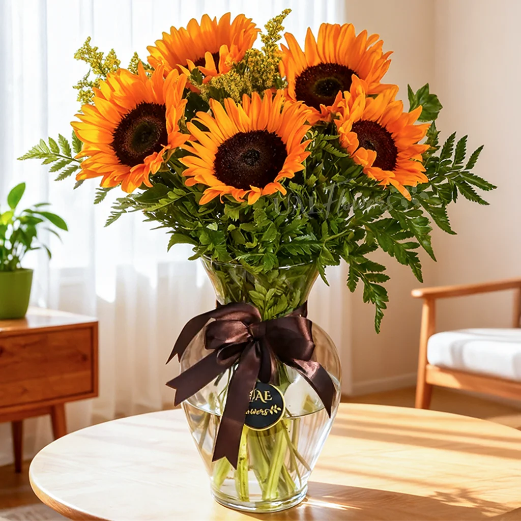 5 sunflowers in a glass vase with green fillers & a white ribbon on a white living room table
