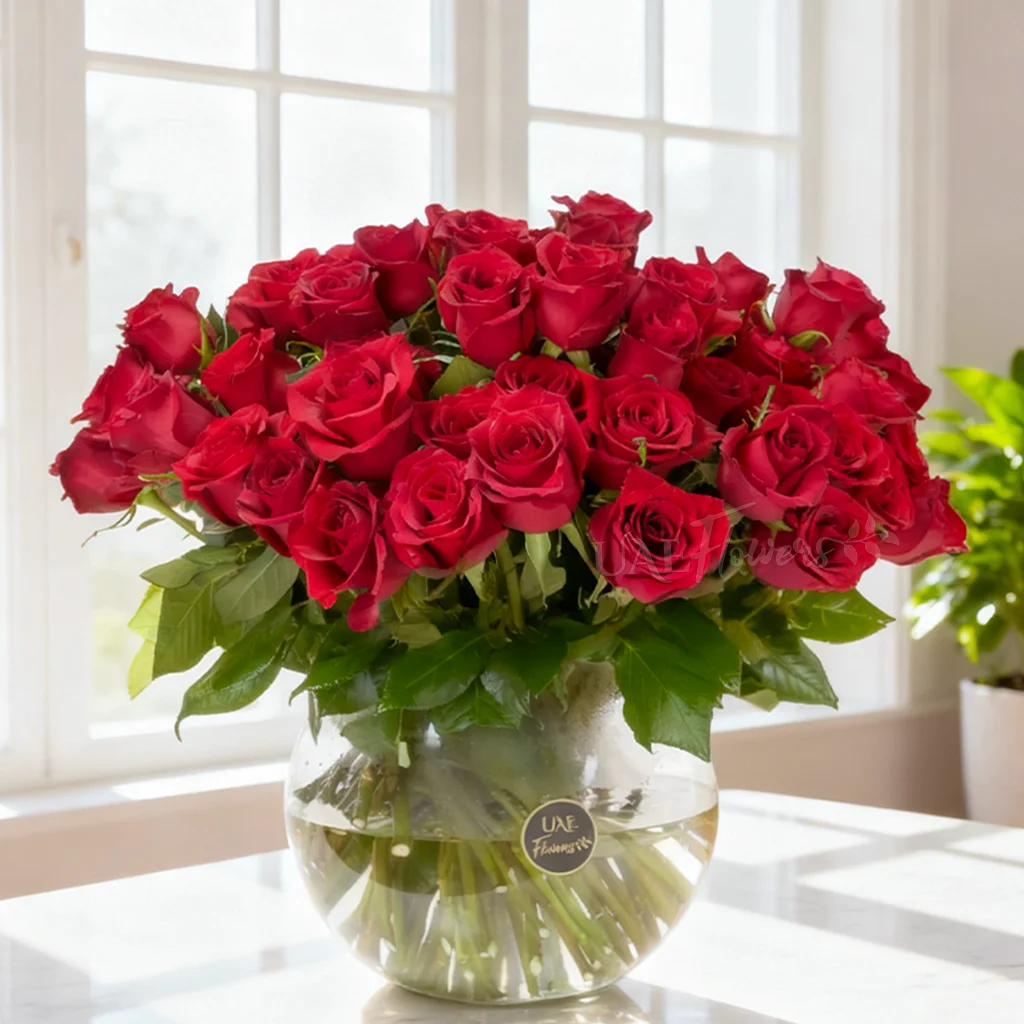 60 red roses arranged in a clear glass