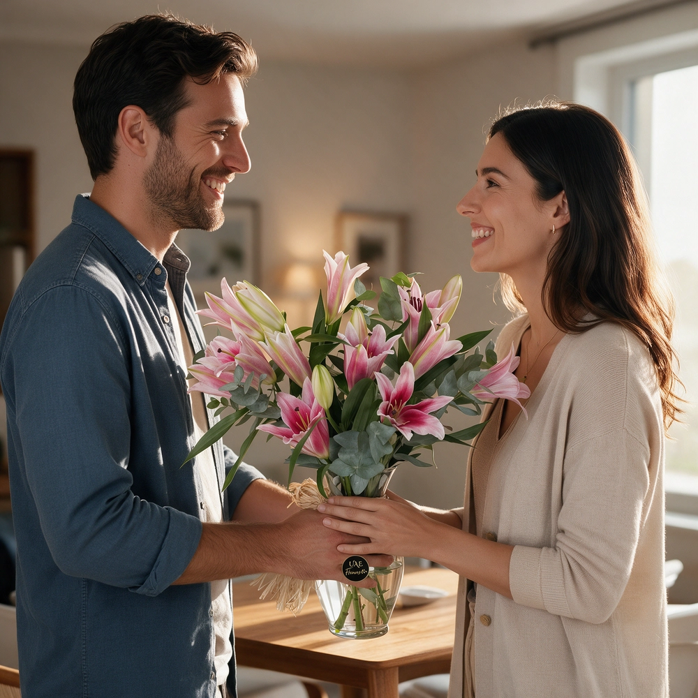 5 pink lilies with fillers in a glass vase