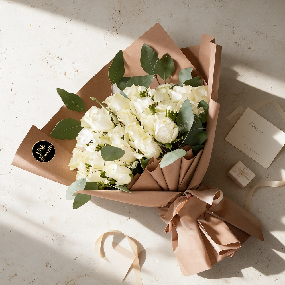 A bouquet of 20 white roses with green fillers in brown wrapping paper tied with brown ribbon