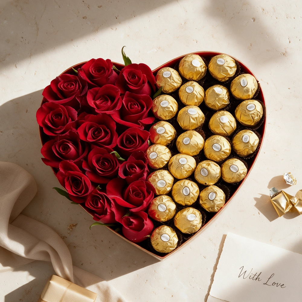 Heart-shaped box with 15 red roses and 24 Ferrero Rocher chocolates, perfect for expressing love and romance.