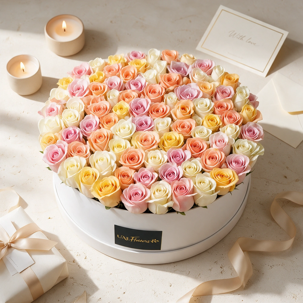 120 pastel-colored roses arranged in a box with green fillers