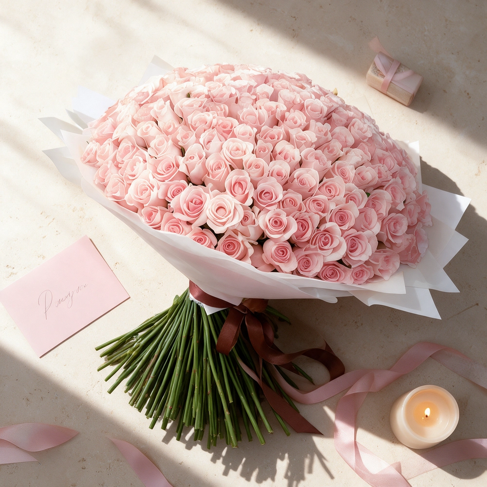 Luxurious bouquet of 200 handtied pink roses wrapped in white paper and tied with satin ribbon – elegant grand floral gift by UAE Flowers.