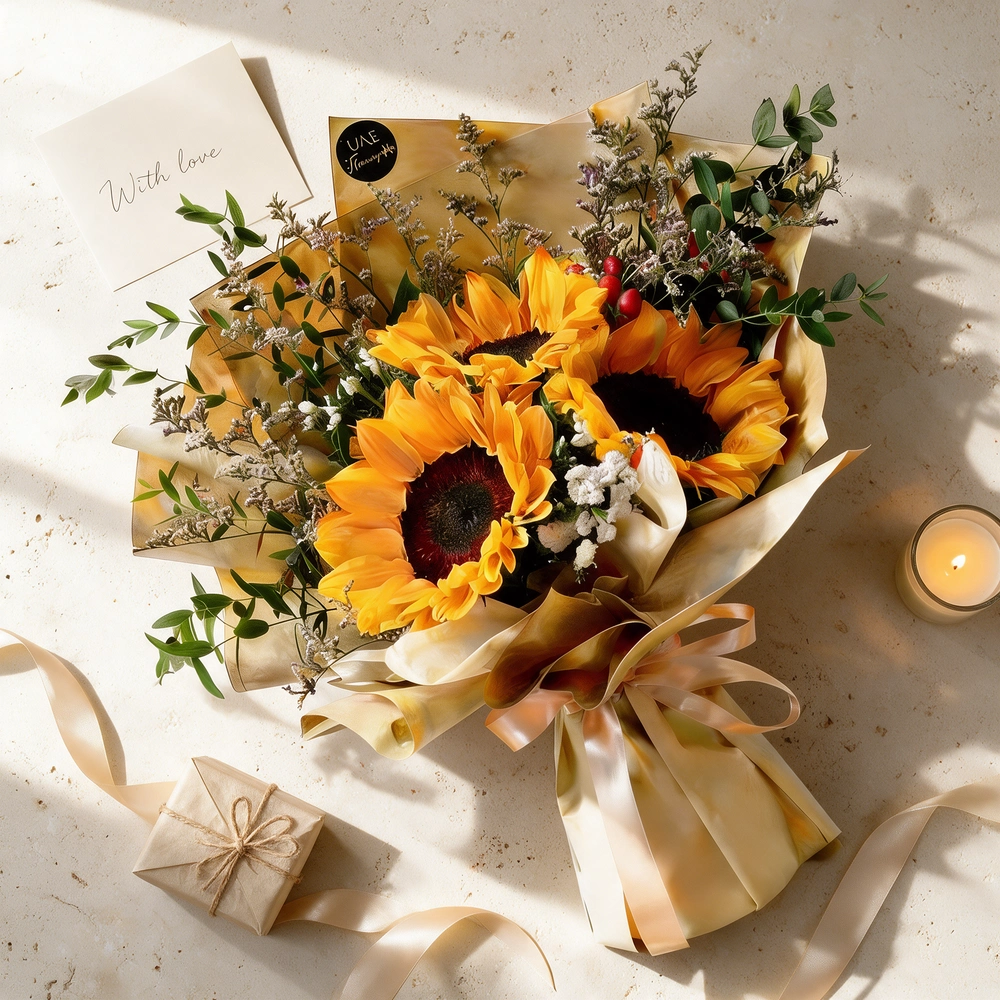 A bouquet of 3 sunflowers with fillers in brown wrapping paper tied with brown ribbon