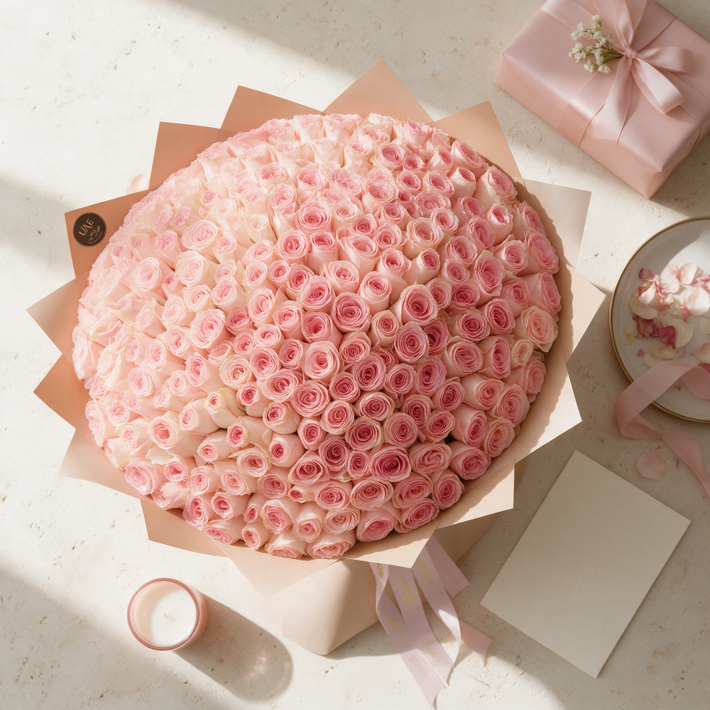 bouquet of 200 pink roses arranged with soft fillers