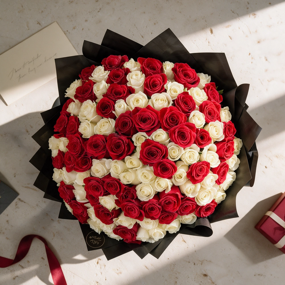 bouquet of 100 red and white roses wrapped in black paper and tied with ribbons.