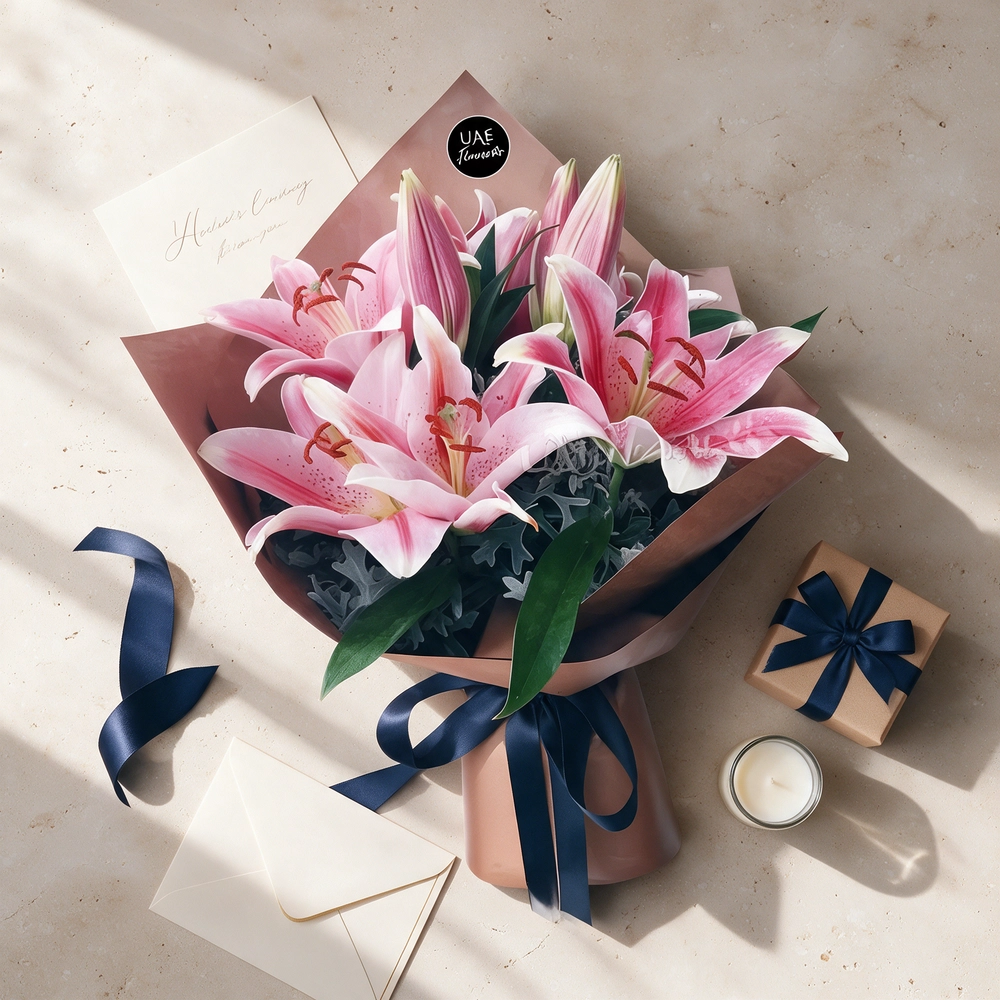 Adorned with bright pink lilies and luscious foliage in a brown wrapping paper tied with blue ribbon