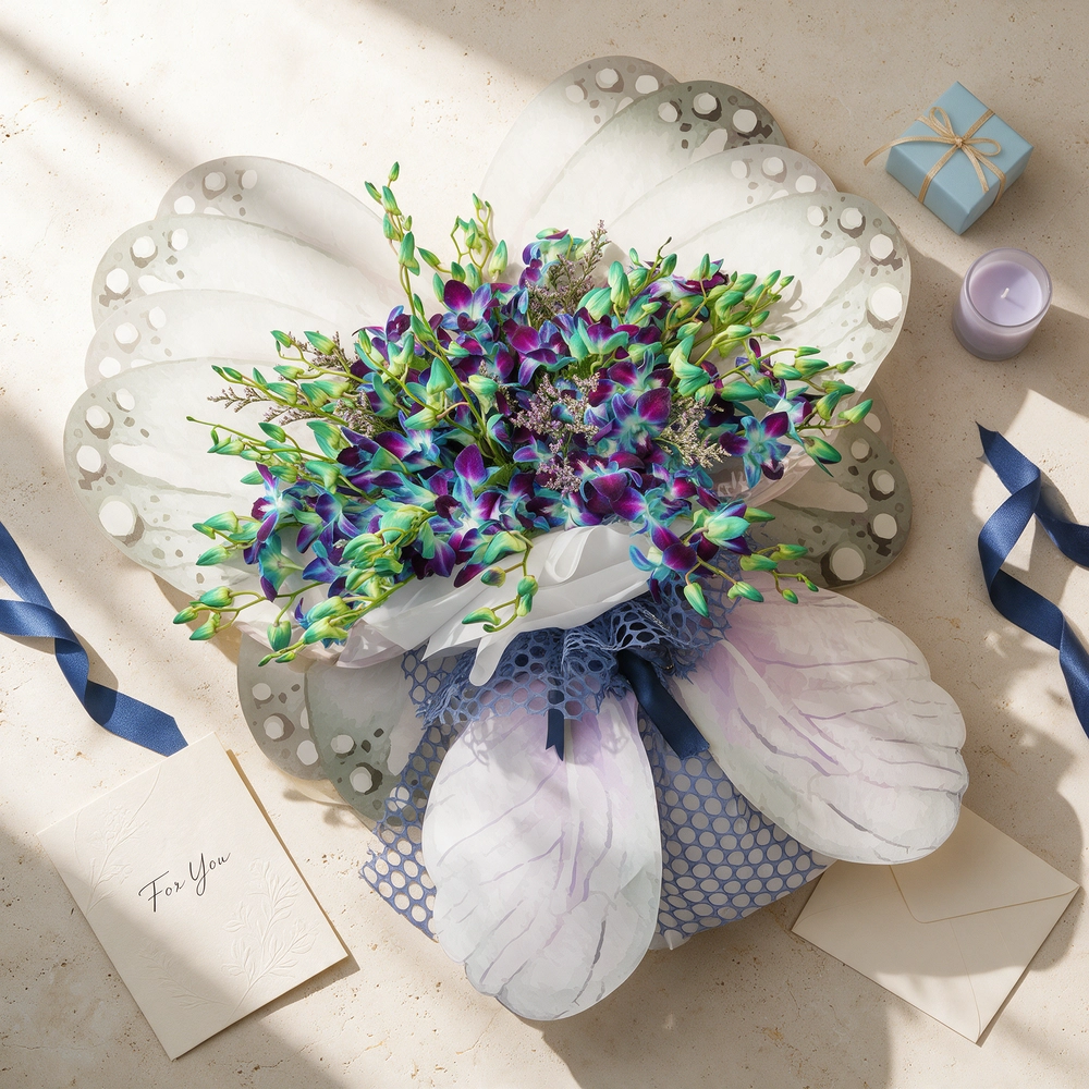 20 blue orchids with blue baby's breath