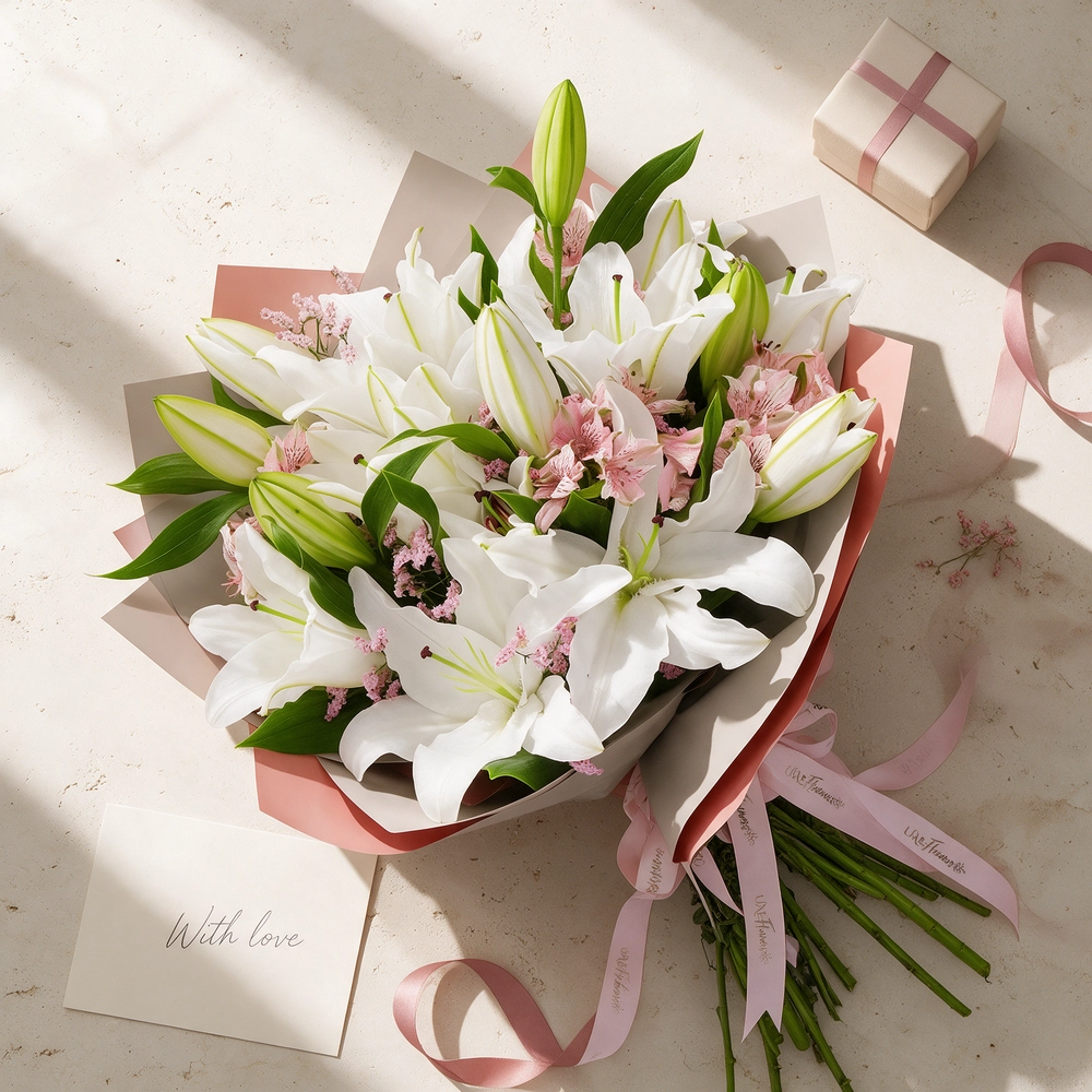 white lilies and white alstroemeria