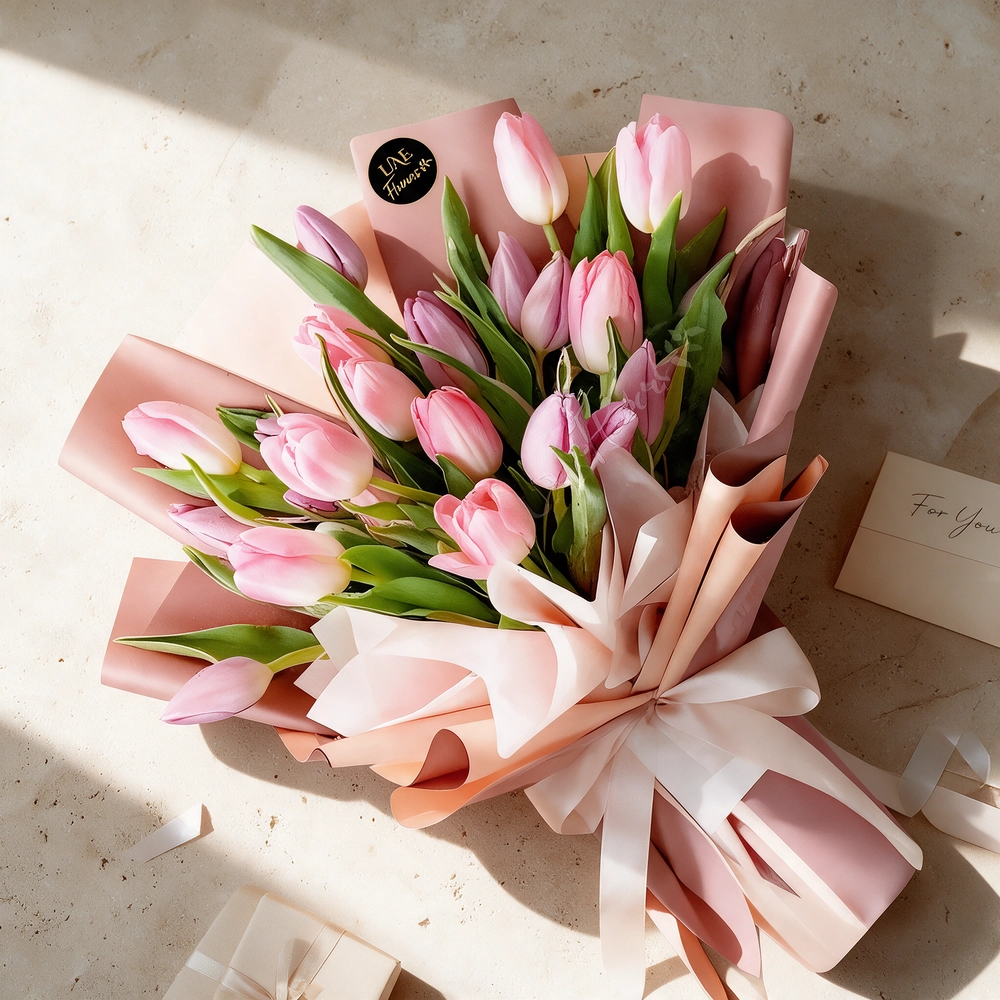 A bouquet of 20 pink tulips in pink wrapping paper tied with pink ribbon