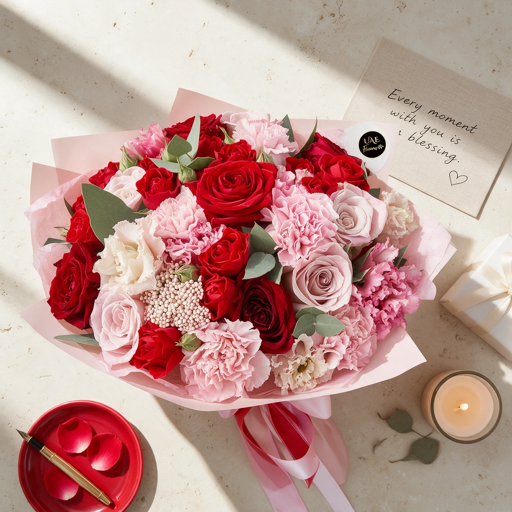 A bouquet containing 25 red and pink roses, 15 pink and white carnations with fillers, wrapped in pink paper, and tied with a red ribbon