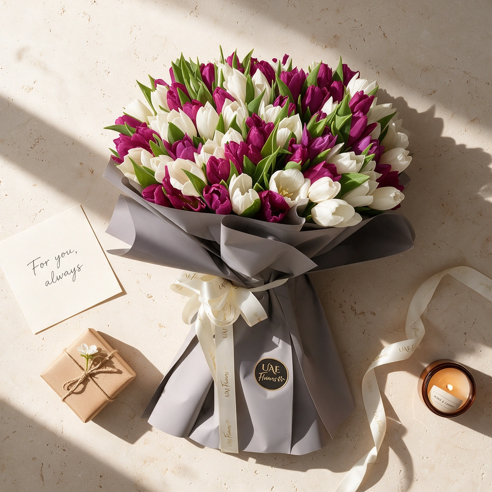 bouquet of 40 white and 40 purple tulips arranged in grey paper wrap