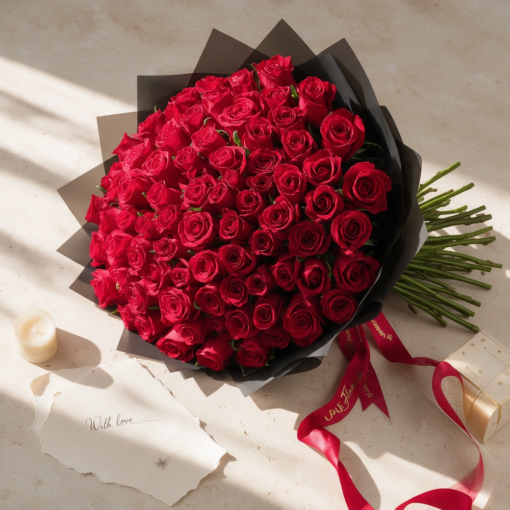 100 premium red roses hand-tied with green fillers and wrapped in black paper with satin ribbon
