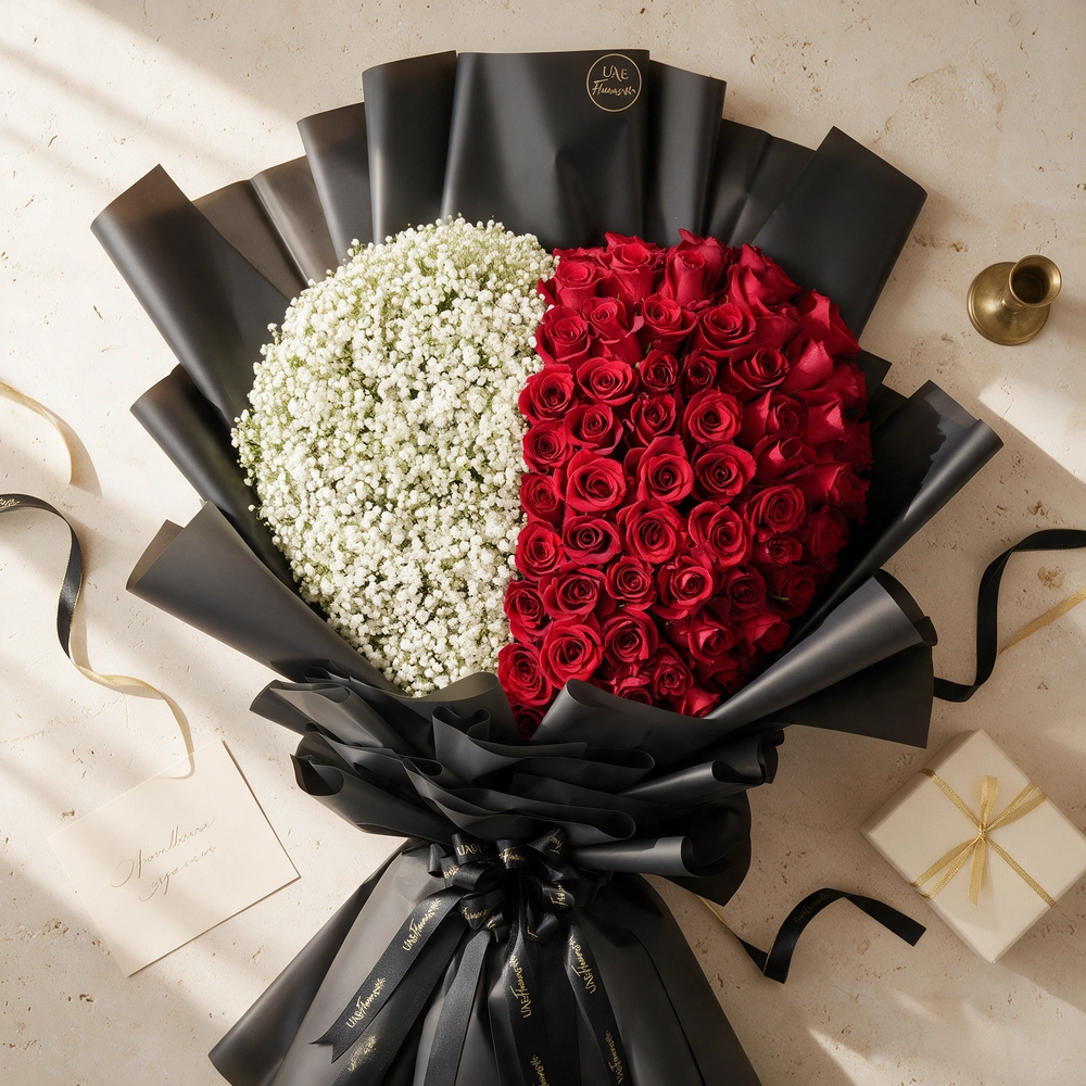 60 red roses arranged in heart shape with baby’s breath in paper packing and tied with black ribbons.