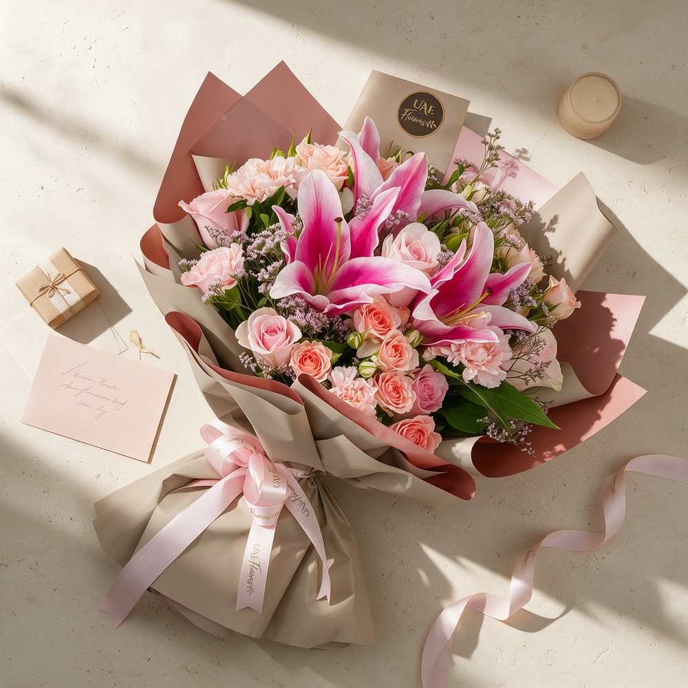 1 pink lily, 6 pink carnations, 6 pink roses, and 4 pink spray roses