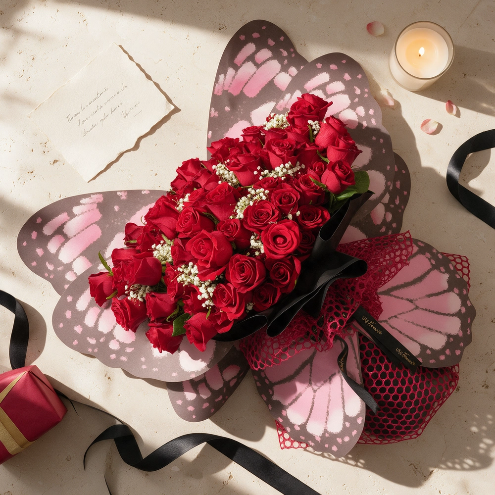 butterfly bouquet of 50 red roses with baby’s breath and green fillers