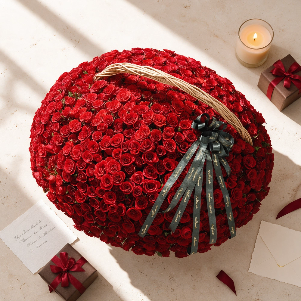 Wicker basket filled with 1000 premium red roses and tied with black satin ribbon