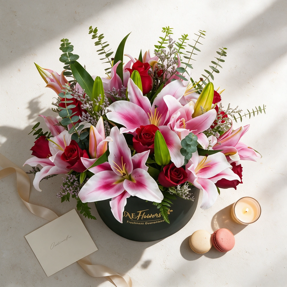 5 pink lilies and 12 red roses with eucalyptus leaf and limonium fillers in a black round box
