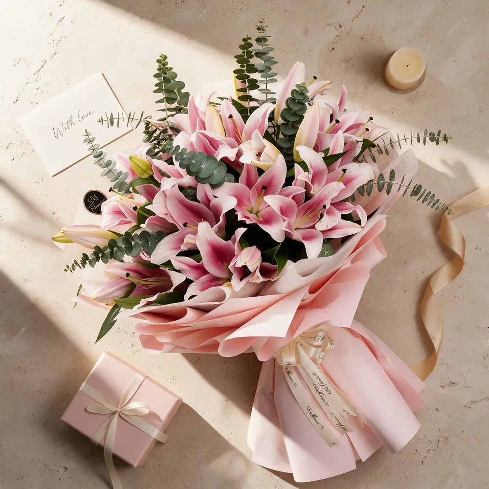 A bouquet of 10 pink lilies with eucalyptus leaves and green fillers in pink wrapping paper tied with pink ribbon