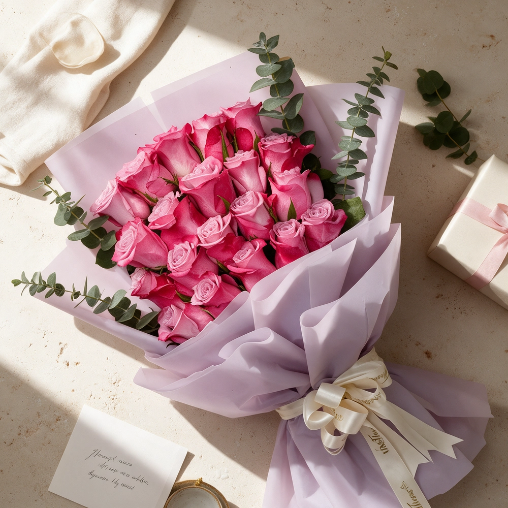 Bouquet of 20 purple roses with eucalyptus leaves, wrapped in pink paper and tied with a white satin ribbon, perfect for gifting and celebrations.