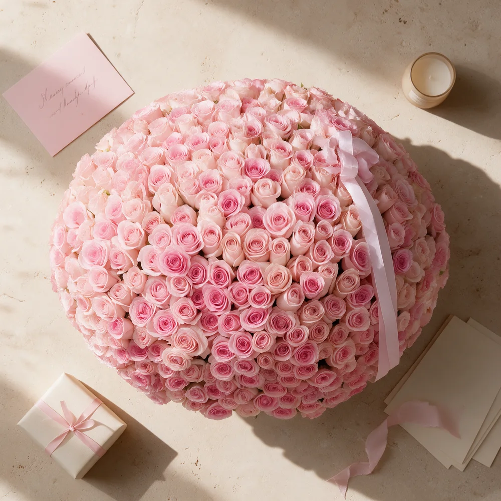 round basket filled with 600 pink roses