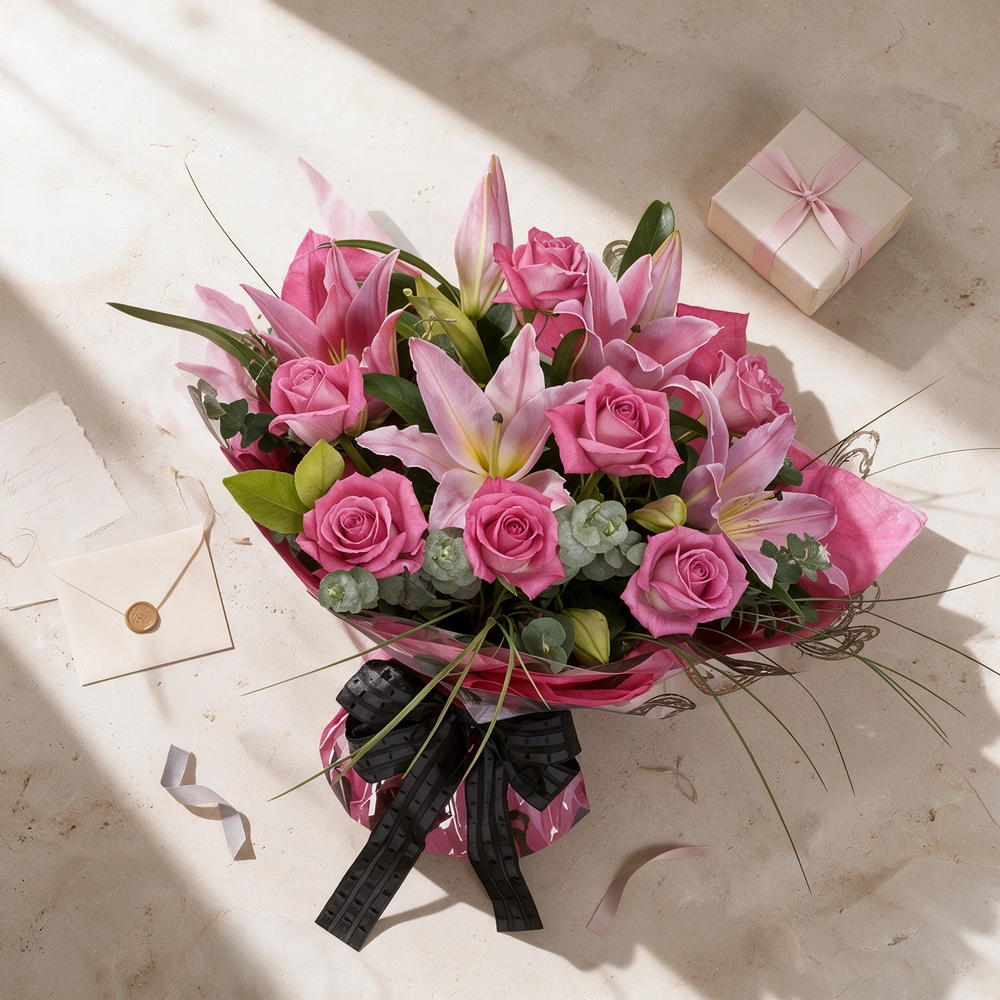 A bouquet of 2 pink lilies and 8 pink roses with greens in pink wrapping paper and tied with a black ribbon