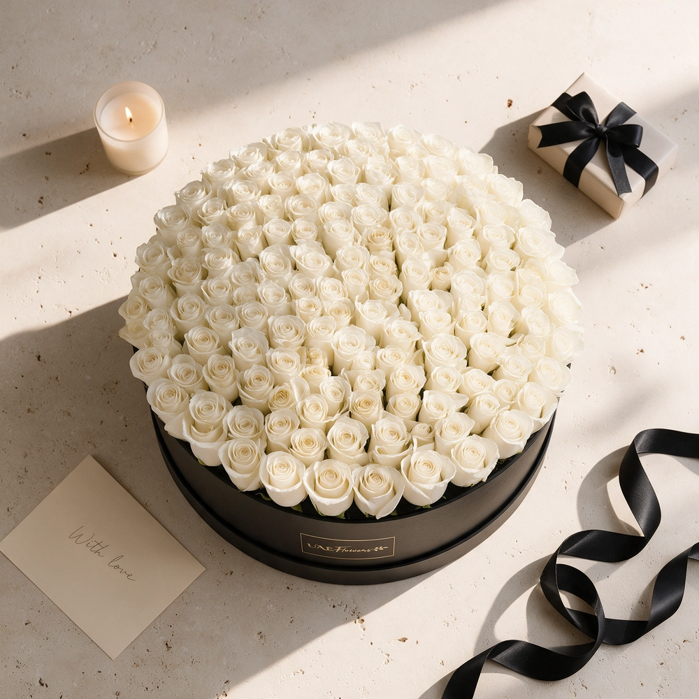 120 white roses neatly arranged in a box